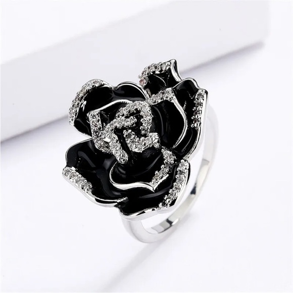 New Sterling Silver Onyx White Sapphire Rose Ring - Picture 6 of 7